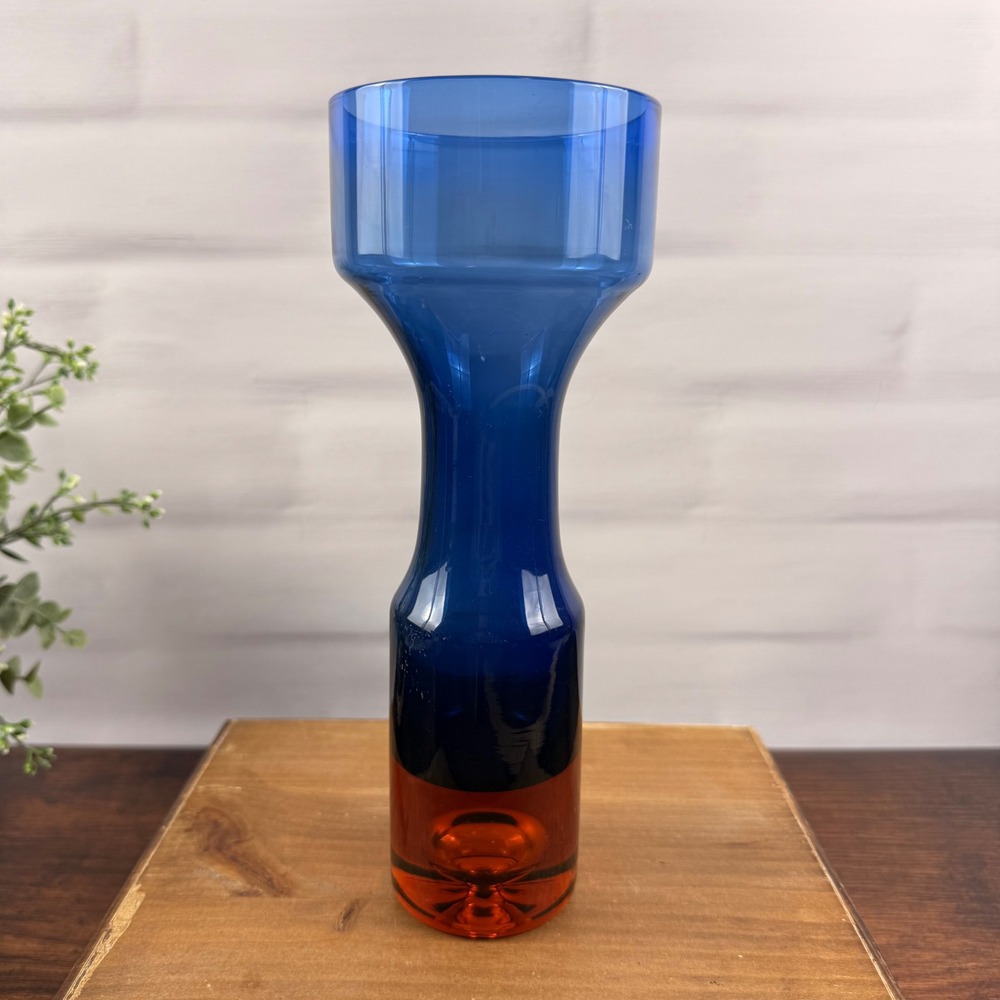 Aseda B5/610-B Bo Borgstrom Swedish Art Glass Vase Blue Orange MCM